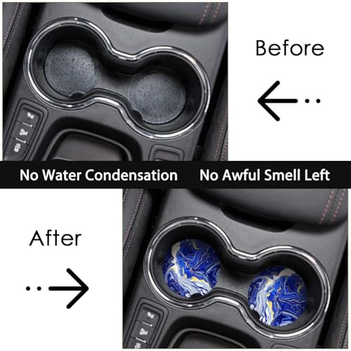 Car Coasters for Drinks Absorbent, 2 Pack Cup Holders, 2.56" Ceramic Stone & Non-Scratch Cork Base Coasters Cupholder, Auto Accessories for Women & Men, Blue Marble Gold Natural Luxury