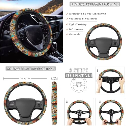 Wanyint Car Seat Cover Full Set 14 Pack, with Steering Wheel Seat Belt Rear View Mirror Center Console Trash Can Coaster Gear Shift Knob Cover Set Universal Fit, Aztec Horse Sunflower Vintage - color: Aztec Horse Sunflower Vintage