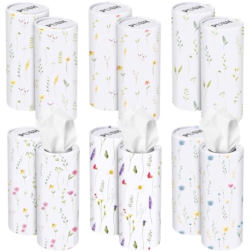 Outus 12 Pcs Floral Car Tissue Holder Cylinders with 3 Ply Facial Tissue Bulk, Portable Paper Dispenser for Cup Holder, Travel Bathroom Table Decor, Tissues Boxes Container for Home Office Party - style: Wildflower