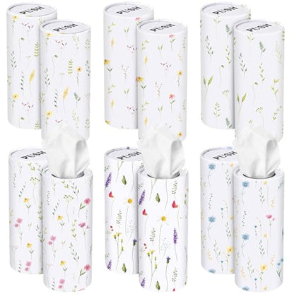 Outus 12 Pcs Floral Car Tissue Holder Cylinders with 3 Ply Facial Tissue Bulk, Portable Paper Dispenser for Cup Holder, Travel Bathroom Table Decor, Tissues Boxes Container for Home Office Party - style: Wildflower