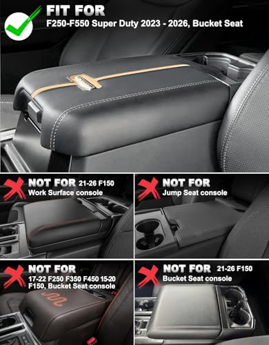 Center Console Cover for 2023 2024 2025 2026 F250 F350 F450 F550 Super Duty Accessories, Vinyl Leather Middle Armrest Cusion Protector, Bucket Seat Only, Anti-Scratch, Black Gray Stitch - size: Bucket Seat, 23-26 F250-F550, gray stitch