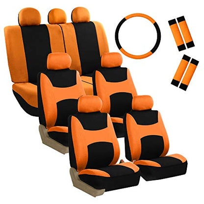 FH Group Light & Breezy Cloth Car Seat Covers, 7 Seater Three Row Set- Airbag & Split Ready -Universal for Cars Trucks and SUVs (Orange/Black) - color: Orange