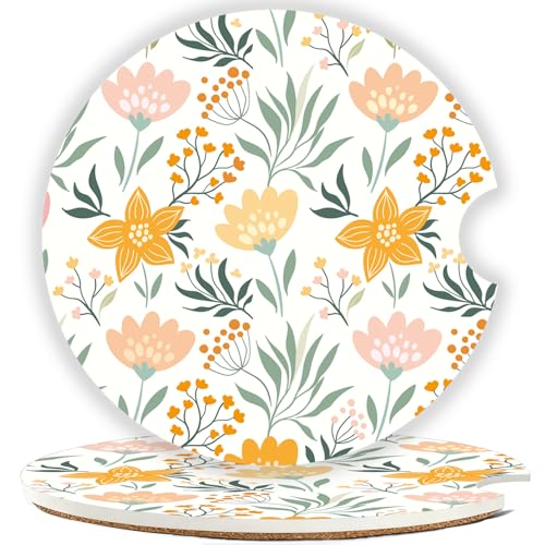 Car Cup Holder Coaster Set of 2, 2.56 in Ceramic Coasters, Scratch-Resistant Cork Backing, Finger Groove Design for Easy Placement, Cute Car Accessories Interior for Women (Yellow Flower) - color: Yellow Flower