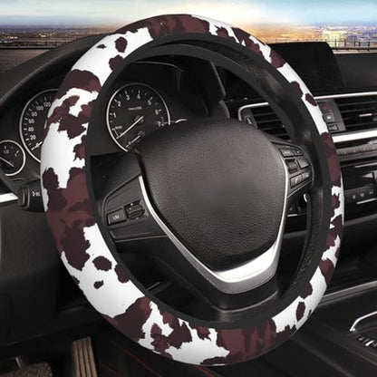 Brown Cow Print Neoprene Steering Wheel Cover for Men Women Anti-Slip Elastic Steering Wheel Protective Cover 15in Universal Car Accessories Fit Cars, SUVs, Auto - color: Brown Cow Print