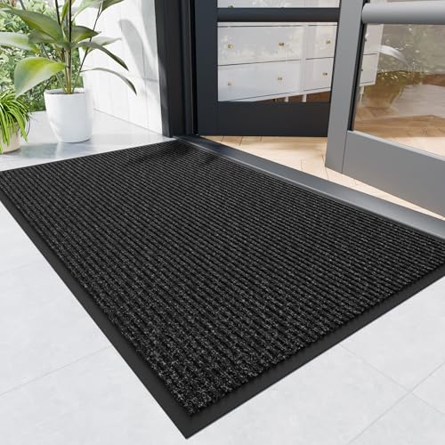 Front Door Mat, 4' x 2' Heavy Duty Indoor Outdoor Door Mat Entrance, Commercial Welcome Mats, Stain and Fade Resistant, Durable Rubber Backing, Low Profile Entry Mat for Patio, Black Stripe - color: Black-stripe, size: 2' x 4' (Rectangular)
