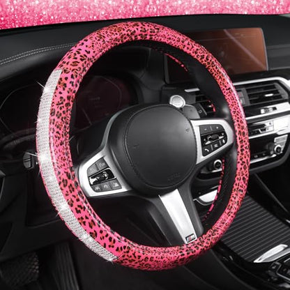 AUTOYOUTH Leopard Print Steering Wheel Cover - Bling Crystal Rhinestones Cheetah Print on PVC Leather Non-Slip Breathable Design for Women/Girls Universal Fit 14.5-15 Inch - Pink - color: PINK