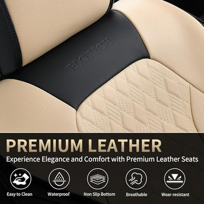 Seat Covers, Car Seat Covers Front Seats, Luxury Nappa Leather Seat Covers, Breathable and Waterproof Car Seat Protector 2 Seat, Automotive Seat Covers Universal for Most Cars-Black&Beige