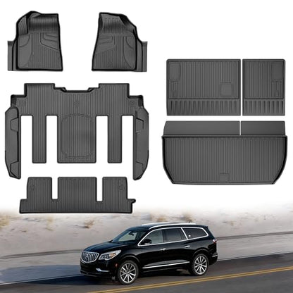 Floor Mats Fit for 2008-2017 Buick Enclave 7-Seat (Only for 2nd Row Bucket Seats Models) Custom Fit All Weather TPE Floor Mats and Cargo Liner with Backrest Mat for Buick Enclave Accessories, Black - style: (2) 2008-2018 Enclave | Floor Mats & Cargo Mat &