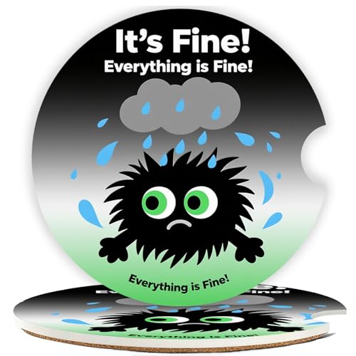 Car Cup Holder Coaster Set of 2, 2.56 in Ceramic Coasters, Scratch-Resistant Cork Backing, Finger Groove Design for Easy Placement, Cute Car Accessories Interior for Women (Little Monster) - color: Rainy Day Little Monster