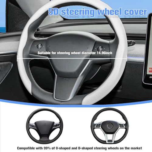 Car Nappa Leather Steering Wheel Cover, 15" Fashionable 5D Anti-Slip Vehicle Steering Wheel Protector, Breathable Auto Interior Decoration Accessories, Universal for Vehicles（White