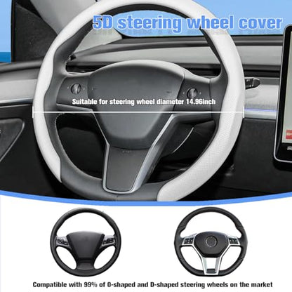 Car Nappa Leather Steering Wheel Cover, 15" Fashionable 5D Anti-Slip Vehicle Steering Wheel Protector, Breathable Auto Interior Decoration Accessories, Universal for Vehicles（White