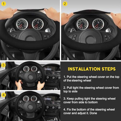 Suede Steering Wheel Cover with Upgraded Silicone Inner Ring, Anti Heat, Breathable, Anti-Slip, Leather Universal 14.5 to 15 inch Steering Wheel Cover (Pure Black) - style: Pure Black