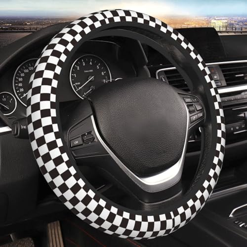 Black and White Checkered Racing Flag Checkerboard Square Grid Car Steering Wheel Cover,Non-Slip Neoprene-Sweat Car Accessories,Universal 15 Inch Fit Auto, Vans Trucks,Suvs, Truck - color: Black And White Checkered