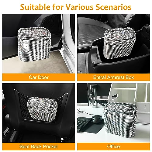 Accmor Bling Car Trash Can with 30pcs Garbage Bags, Vehicle Trash Bin with Lid Auto Dustbin Organizer Garbage Storage, Sparkling Crystal Mini Trash Container Holder - color: Black/White Rhinestone