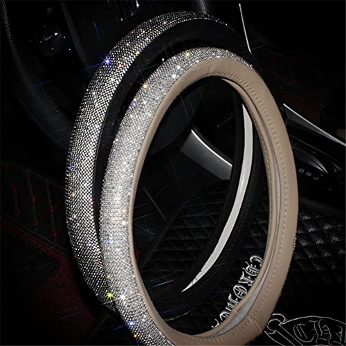 Beige Universal Non-Slip Crystal Steering Wheel Cover with PU Leather and Bling Diamond Rhinestones,Decorative Sparkly Car Accessories case,15''