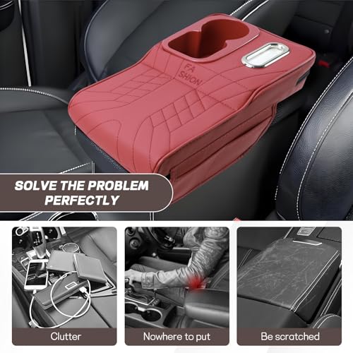 Car Center Console Armrest Pillow, 13.4"×7.5"×2" Leather Auto Arm Rest Cover with Pocket & Tissue Box & Cup Holder, Multifunctional Vehicle Armrest Cushion Pad, Car Accessories (Red)