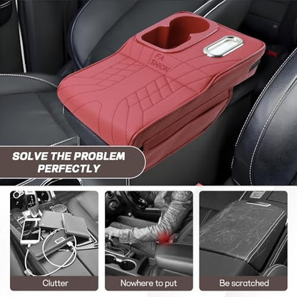 Car Center Console Armrest Pillow, 13.4"×7.5"×2" Leather Auto Arm Rest Cover with Pocket & Tissue Box & Cup Holder, Multifunctional Vehicle Armrest Cushion Pad, Car Accessories (Red)