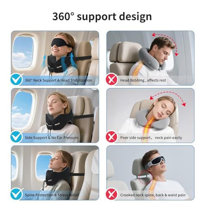 Patented Head-Bobble-preventing Ergonomic 360° Supporting Golden Formula Memory Foam Travel Neck Pillow w/3D Contoured Eye Mask Set Long Trip Sleeping Essentials for Airplane Flight Car Bus