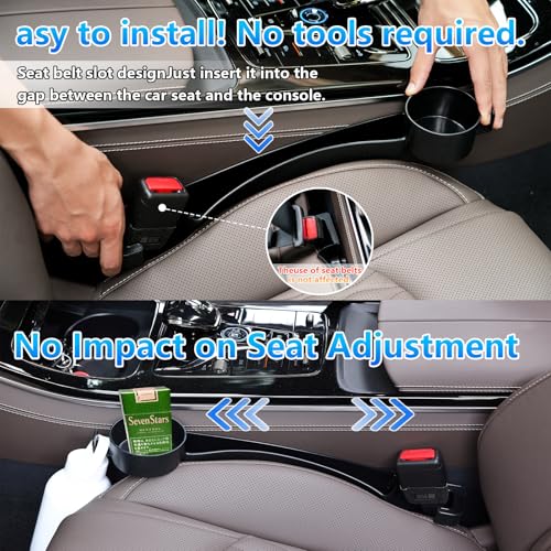 Seat gap filler Compatible with Toyota RAV4.Deeper Than Standard Retail Models(7.5cm)|Added Cup Holder (2 Fixed Points) + Hooks + Charging Cable Port |2pcs Black| Free Window Break Hammer 1pcs|