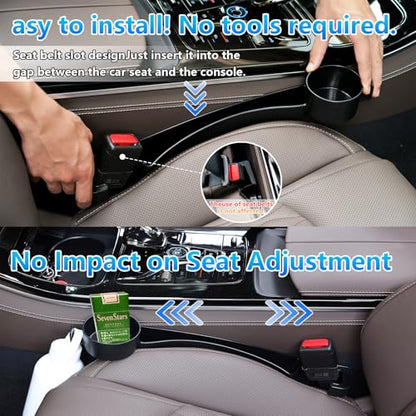 Seat gap filler Compatible with Toyota RAV4.Deeper Than Standard Retail Models(7.5cm)|Added Cup Holder (2 Fixed Points) + Hooks + Charging Cable Port |2pcs Black| Free Window Break Hammer 1pcs|