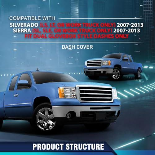 PIT66 Dash Cover Dashboard Bezel, Fit Chevy Silverado (LS, LT, or Work Truck ONLY), Fit GMC Sierra 2007-2013 (SL, SLE, or Work Truck ONLY), (Dual Glovebox Style Dashes Only) TPE - size: 2007-2013 Silverado/Sierra(Black | Set)