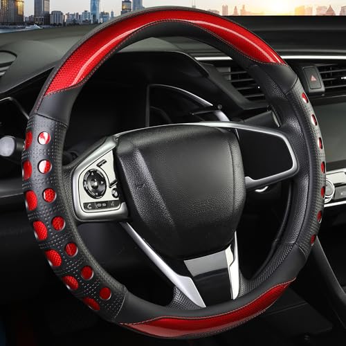PU Leather Car Steering Wheel Cover with Anti-Slip Grip, for Women and Men, Universal Fit for 14.5-15 Inch Cars, Trucks, SUVs (Red (Round), Medium(Standard) Size[14 1/2''-15'']) - color: Red (Round)