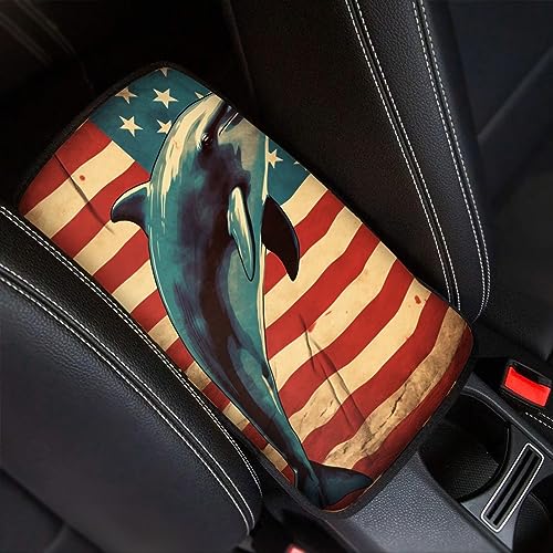 Car Center Console Pad, Universal Waterproof Car Armrest Seat Box Cover, Car Interior Accessories for Most Vehicle SUV Truck Vintage American Flag Dolphin Car Armrest Pad - color: vintage american flag dolphin