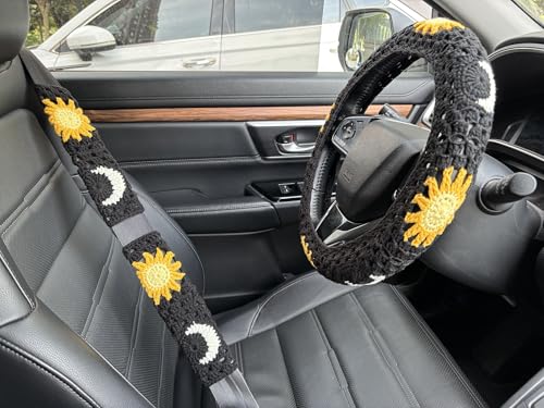 Handmade Crochet Sun Moon Car Steering Wheel Covers Universal 14-15 inch,Cute Steering Wheel Cover,Car Accessories (Black Wheel Cover+2 Belt Cover) - color: Black Wheel Cover+2 Belt Cover