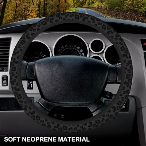 KARREAL Black Leopard Print Cheetah Elastic Steering Wheel Cover, Non-slip Breathable Neoprene Steering Wheel Covers, Women Leopard Car Accessories, Universal 15 Inch Fit Auto, Suvs, Truck - color: Black Leopard print