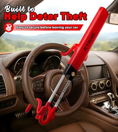 Jetmore Car Steering Wheel Lock Anti-Theft Device, Wheel Locks for Cars, Dual Hooks, Car Lock Steering Wheel, Car Anti-Theft Device, Saw-Resistant Alloy Steel, for Cars, SUVs & Trucks - color: Red