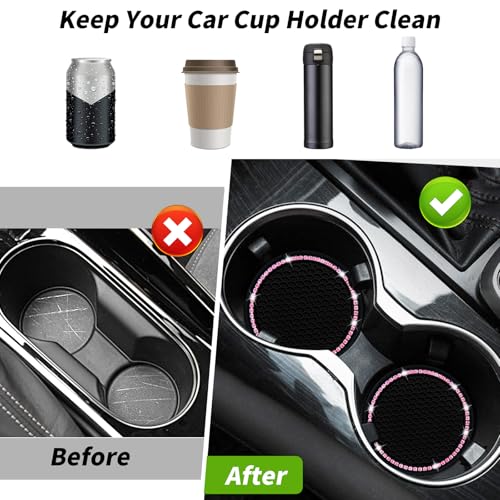 Car Coasters, Senose Bling Car Accessories for Women, Universal 2.75" Anti-Slip Silicone Cup Holder Coasters for Car, Cute Automotive Cup Holders Diamond Vehicle Interior Decor (Black Pink, 2 Pack)