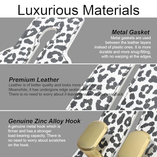 Purse and Bag Hook for Car, Zinc Alloy Seat Headrest Hooks, Upgraded Leather Car Seat Back Purses Hanger and Bags Holder (White Leopard) - color: White Leopard