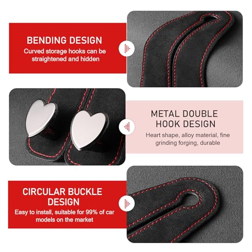 2 PCS Car Seat Headrest Hook, Suede Cute Heart Shape Metal Double Head Purse Hook, Universal Automotive Seat Back Storage Hanger, Car Accessories for Women (Black)