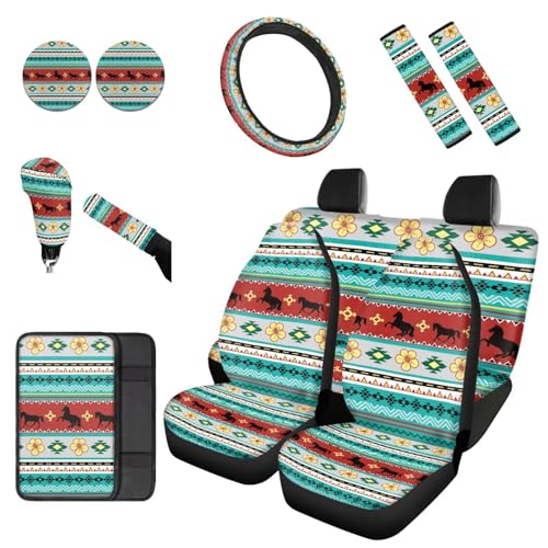 Dreaweet Aztec Tribal Horse Car Seat Covers Full Set 12 Pcs,Universal Car Seat Cover with Steering Wheel Cover,Seat Belt Pads,Armrest Cover,Cup Holder Coasters,Handbrake Cover,Gear Shift Knob Cover - color: Aztec Tribal Horse