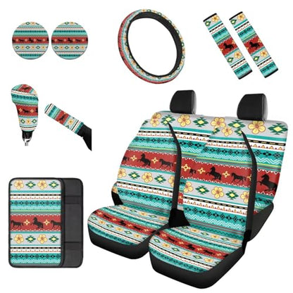 Dreaweet Aztec Tribal Horse Car Seat Covers Full Set 12 Pcs,Universal Car Seat Cover with Steering Wheel Cover,Seat Belt Pads,Armrest Cover,Cup Holder Coasters,Handbrake Cover,Gear Shift Knob Cover - color: Aztec Tribal Horse