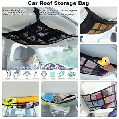 Car Ceiling Cargo Net for SUV,35.4"X25.6" Car Ceiling Storage,Load Capacity Automotive Cargo nets Interior Accessories for Van,Double-Layer Mesh Automotive Roof Camping Essentials