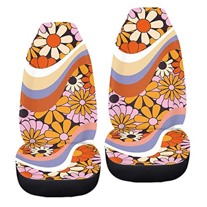INSTANTARTS 2pcs/Set Car Seat Covers Swirl Wavy Hippie Flower Vehicle Bucket Seat Cover Colorful Breathable Stretchy Driver Seat Covers for Women - color: Abstract Hippie Flower