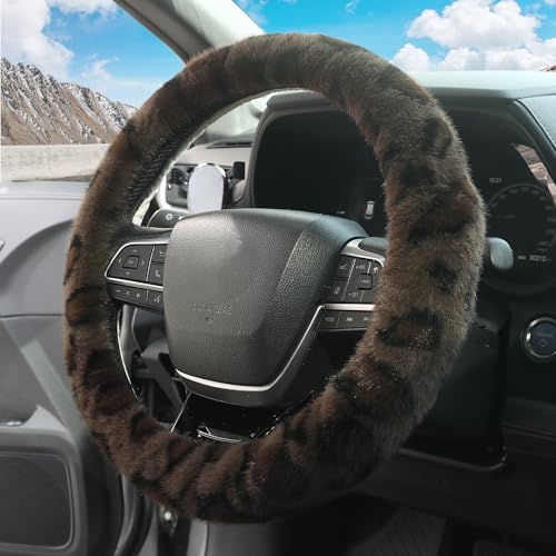 ZHOL Fuzzy Car Steering Wheel Cover,Universal Fit Fur Auto Wheel Cover,Leopard Warm Fluffy Vehicle Wheel Protector Car Accessories,Cheetah Print Steering Wheel Cover for Men Women (Brown) - color: Cheetah Brown