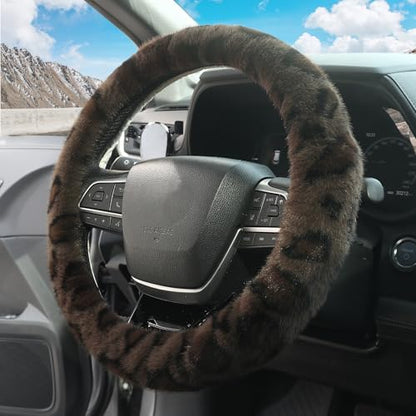 ZHOL Fuzzy Car Steering Wheel Cover,Universal Fit Fur Auto Wheel Cover,Leopard Warm Fluffy Vehicle Wheel Protector Car Accessories,Cheetah Print Steering Wheel Cover for Men Women (Brown)