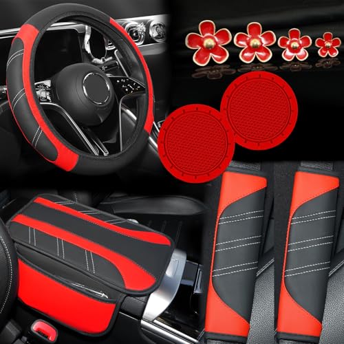 10PCS Car Interior Accessories Sets,Steering Wheel Cover, Seat Belt Cover Pads, Center Console Cover,Cup Holder Coasters,Air Vent Decorative Clip(Red) - color: Red