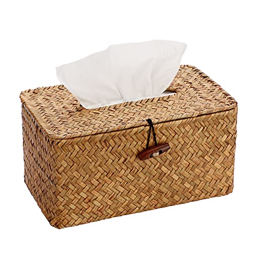 Sumnacon Tissue Box Cover Large Rectangle Tissue Box Seagrass Tissue Box Holder Woven Tissue Holder Decorative Tissue Cover for Bathroom Tissue Box Cover Rectangular for Home Office Table Coffee - color: Caramel, size: Large