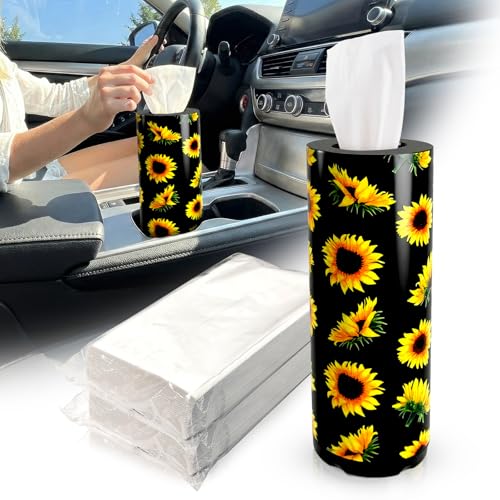 Car Tissues Cylinder for Cup Holder - Refillable Round Tissue Canister with 2 Packs Tissue - Cute Summer Floral Car Interior Accessories for Women & Men -Yellow Flower Decor (Sunflower) - color: Sunflower