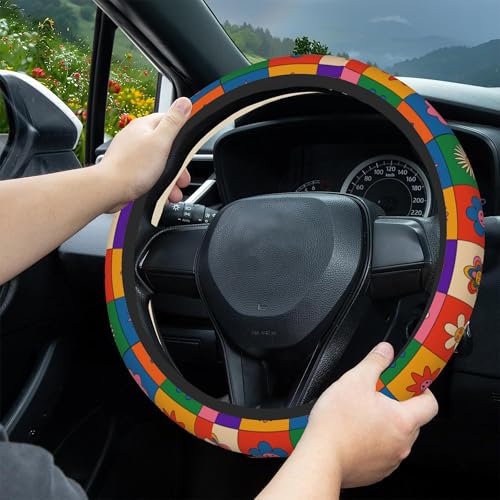 Abstract Groovy Flowers Steering Wheel Covers Universal 15 Inch Car Wheel Cover,Anti-Slip Breathable Car Accessories Protector Fit for Trucks,Sedans,SUVs,Vans - color: Abstract Groovy Flowers