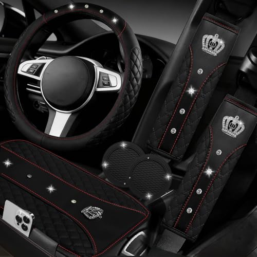 NBTEPEM 6 PCS Bling Car Accessories Set, Leather Steering Wheel Covers Universal 14.5-15 inch, Center Console Cover, Seat Belt Cushion, Cup Holder Coaster (Black) - color: Black