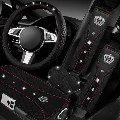 NBTEPEM 6 PCS Bling Car Accessories Set, Leather Steering Wheel Covers Universal 14.5-15 inch, Center Console Cover, Seat Belt Cushion, Cup Holder Coaster (Black) - color: Black