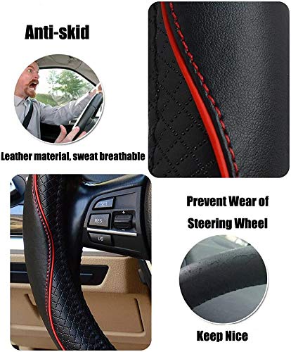 Valleycomfy Steering Wheel Covers Universal 15 inch - Genuine Leather, Breathable, Anti Slip & Odor Free (Black with Red Lines, M(14" 1/2-15" 1/4)) - color: Black with Red Lines, size: M(14"1/2-15"1/4)