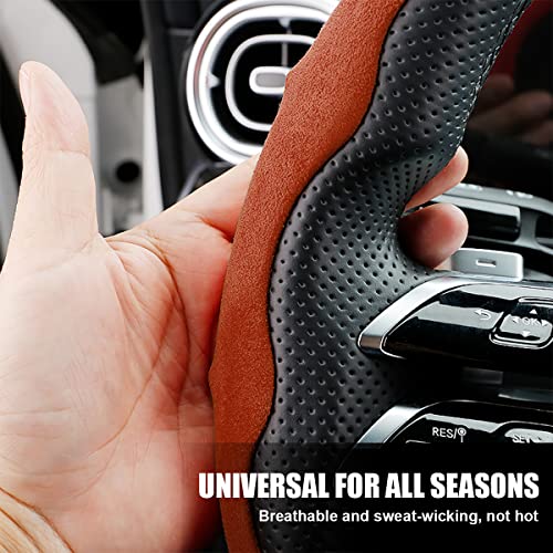 Car Steering Wheel Cover, Microfiber Suede Leather and Carbon Fiber Double Sided Design, Warm in Winter and Cool in Summer, Breathable Non Slip Segmented Protector for Most Cars (Turn Fur/Brown) - color: Turn Fur/Brown