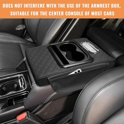 Car Center Console Armrest Pillow, 5-in-1 Armrest Cushion w/ 2 Side Bags, Tissue Box Slot, Cup & Phone Holder, Leather Auto Arm Rest Cover Storage Organizer (Black, Embroidered)