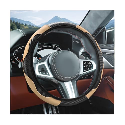 Elastic Car Steering Wheel Cover, Carbon Fiber Leather Automotive Wheel Protector, Anti-Slip Breathable Vehicle Interior Steering Accessories for Men Women, Universal Fit (Black/Beige) - color: Black/Beige