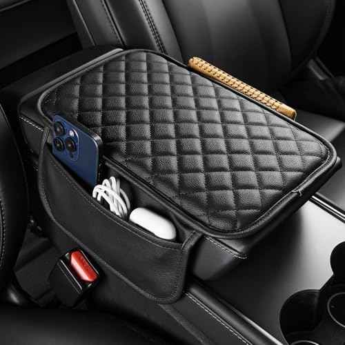 JOYTUTUS Center Console Cover with Storage Bag for SUV Sedan Car, Thin Middle Console Cover Arm Rest Pad, Leather 12.6" x 7.75" x 0.66" - color: Black, size: 12.6" x 7.75" x 0.66"